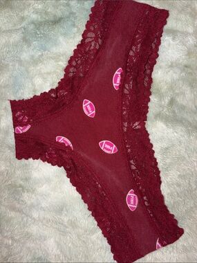 Victoria's Secret sexy Pink Burgundy Lace Bikini Panty with Pink Football Print